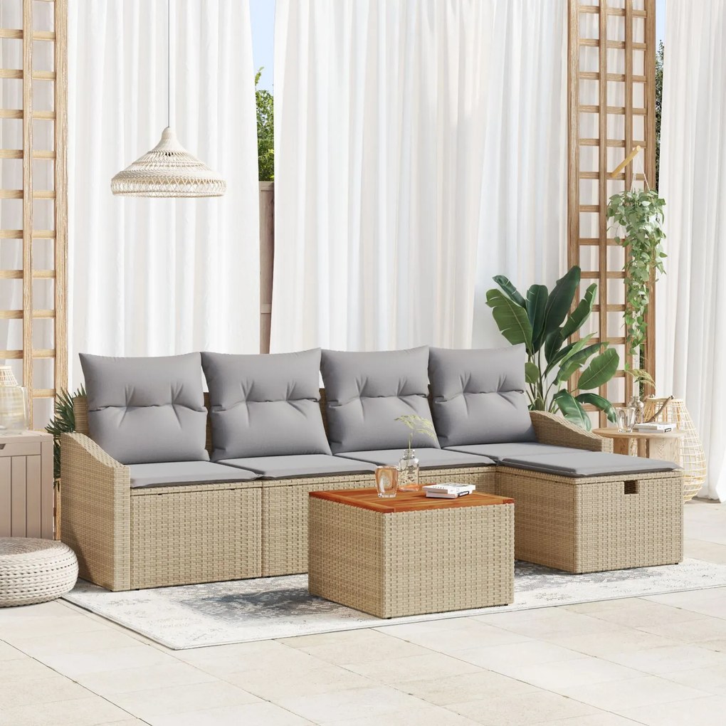 Σετ κήπου 6 κομματιών με μαξιλάρια Beige Poly Rattan