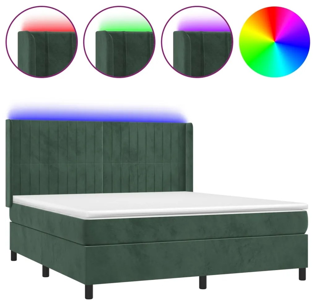 vidaXL Κρεβάτι Boxspring με Στρώμα & LED Σκ. Πράσινο 160x200εκ Βελούδο