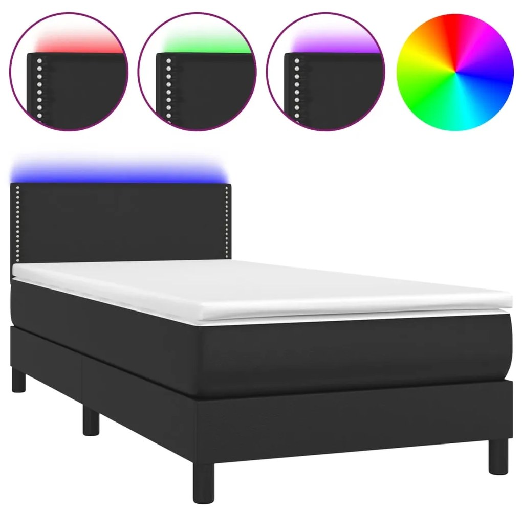 Κρεβάτι Boxspring με Στρώμα &amp; LED Μαύρο 100x200 εκ. Συνθ. Δέρμα - Μαύρο