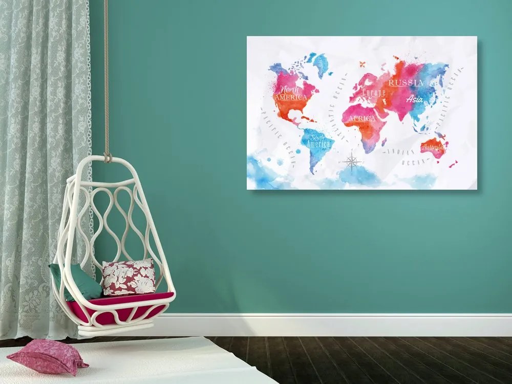Εικόνα στον παγκόσμιο χάρτη ακουαρέλα φελλού - 120x80  color mix
