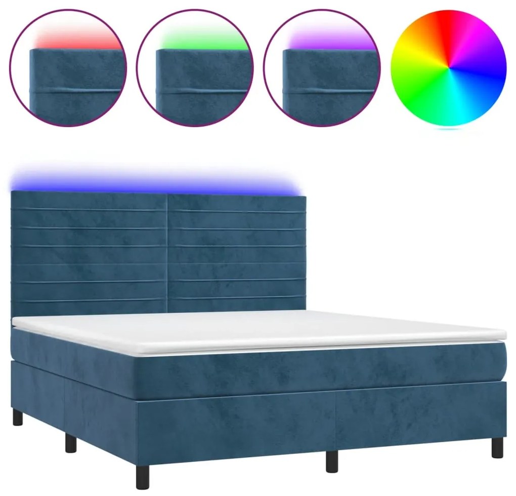 vidaXL Κρεβάτι Boxspring με Στρώμα & LED Σκ. Μπλε 160x200εκ. Βελούδινο