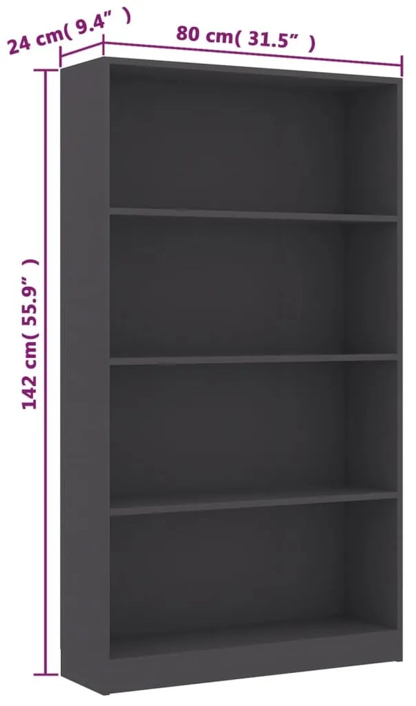 vidaXL Βιβλιοθήκη με 4 Ράφια Γκρι 80 x 24 x 142 εκ. από Μοριοσανίδα