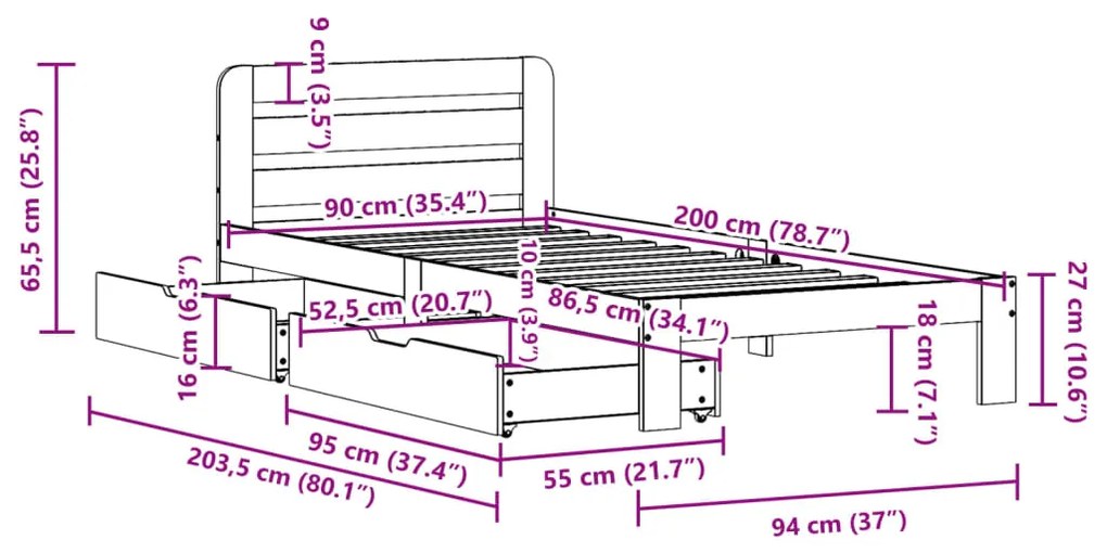 Σκελετός Κρεβατιού Χωρίς Στρώμα 90x200 εκ Μασίφ Ξύλο Πεύκου - Καφέ