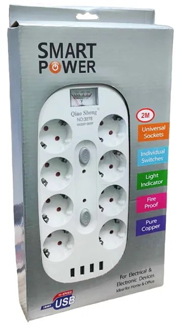 Qiao Sheng  Πολύμπριζο 8 Θέσεων 10Α/250V-2500W 2m NO:3278 - Smart power 8 power socket