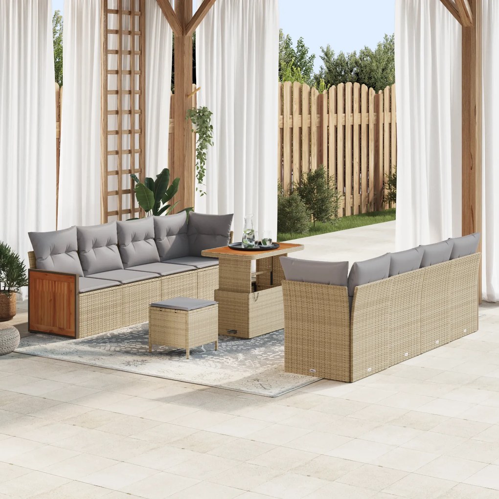 vidaXL Σετ Καναπέ Χα Garten 11 Τεμαχίων με Μαξιλάρια Μπεζ Πολυ Ρατάν Ακακίας