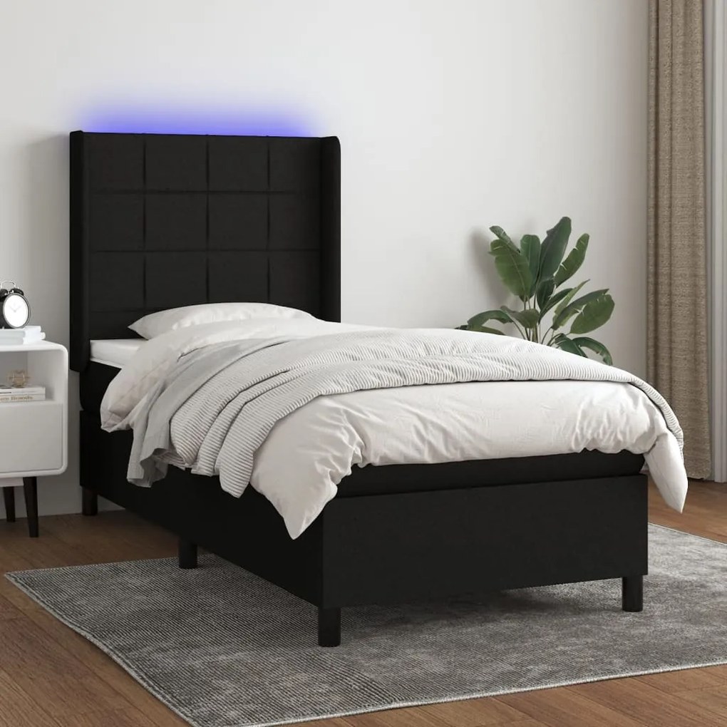 Κρεβάτι Boxspring με Στρώμα &amp; LED Μαύρο 90x200 εκ. Υφασμάτινο