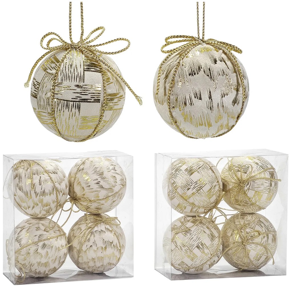 Χριστουγεννιάτικη Μπάλα Λευκό 100mm Σετ 4Τμχ Σε 2 Σχέδια