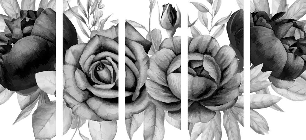 Εικόνα 5 τμημάτων γοητευτικός συνδυασμός λουλουδιών και φύλλων σε ασπρόμαυρο