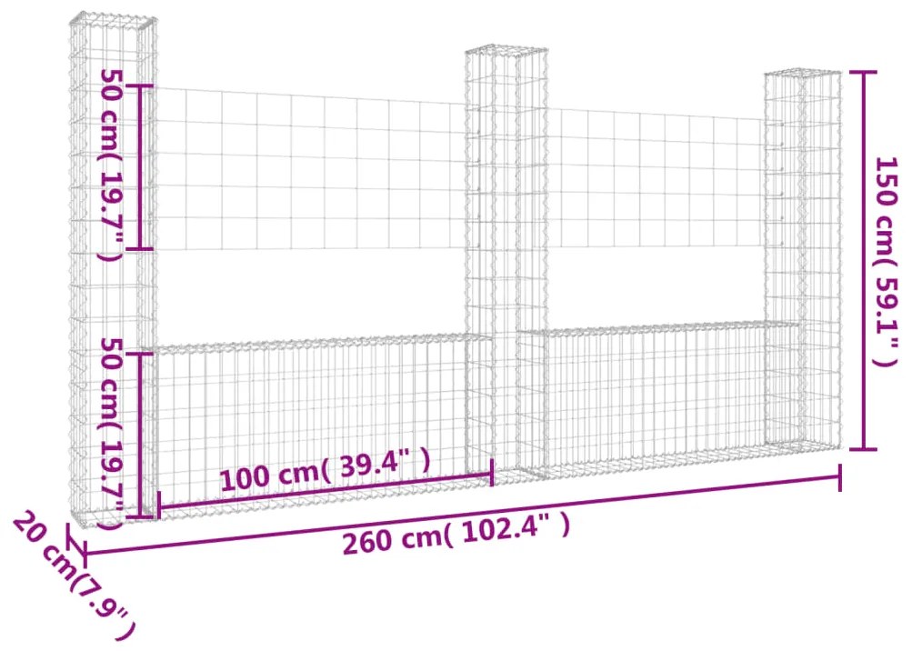 vidaXL Συρματοκιβώτια Στύλοι σε U Σχήμα 3 τεμ. 260x20x150 εκ Σιδερένια