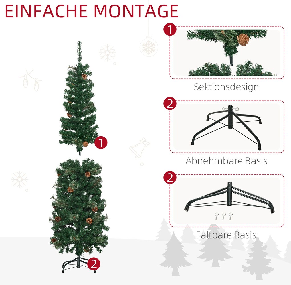 HOMCOM Τεχνητό Χριστουγεννιάτικο Δέντρο, λεπτό, κουκουνάρια, πυράντοχο, 46 x 165 εκ., Πράσινο