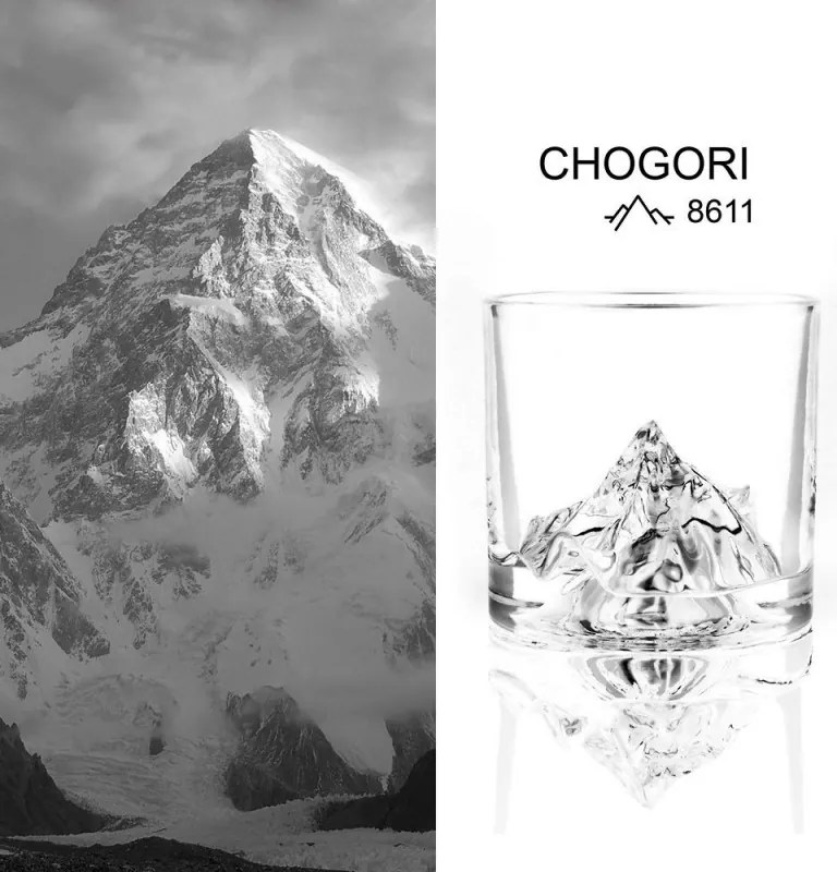 Σετ ποτηριών ουίσκι LIITON K2, 250 ml, 2 τεμάχια, έντονα τοιχώματα, 3D ανάγλυφος πυθμένας με το σχήμα της μύτης K2, διάφανο