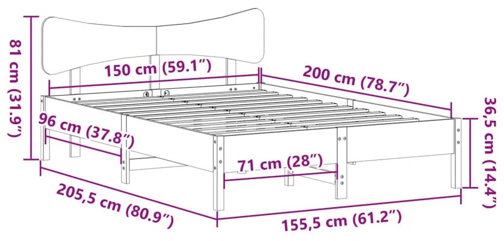 Σκελετός Κρεβατιού Χωρίς Στρώμα 150x200 εκ Μασίφ Ξύλο Πεύκου - Καφέ