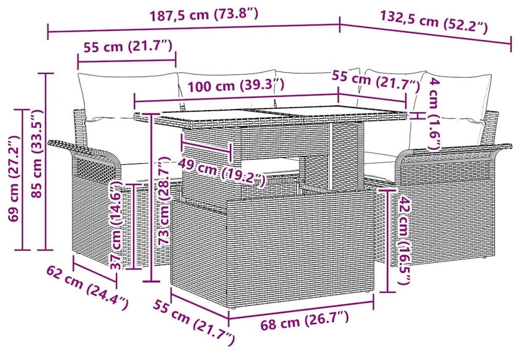 vidaXL Σετ Καναπέ Κήπου 5 Τεμαχίων με Μαξιλάρια Μπεζ από Πολυ Ράττανα