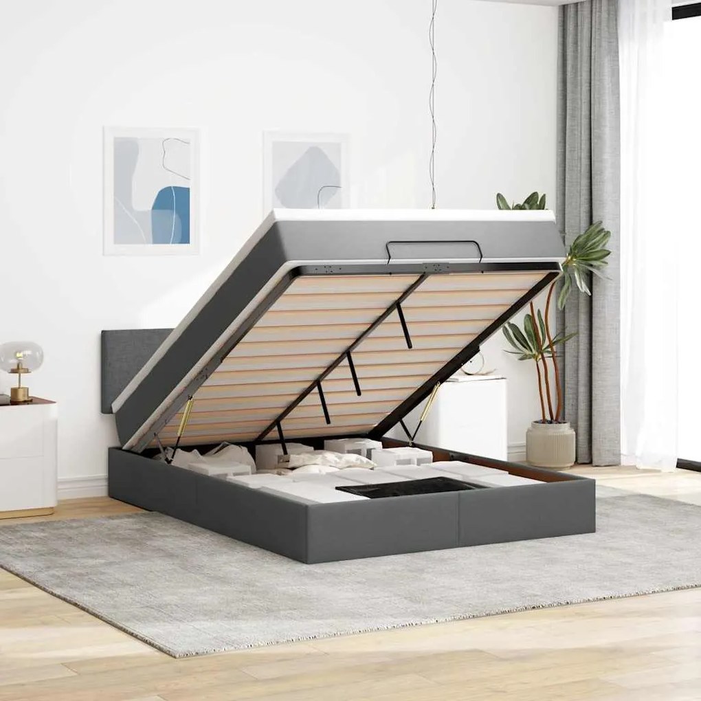 vidaXL Οθωμανικό κρεβάτι με στρώμα &amp; LEDs Σκούρο γκρι 140x190cm Ύφασμα