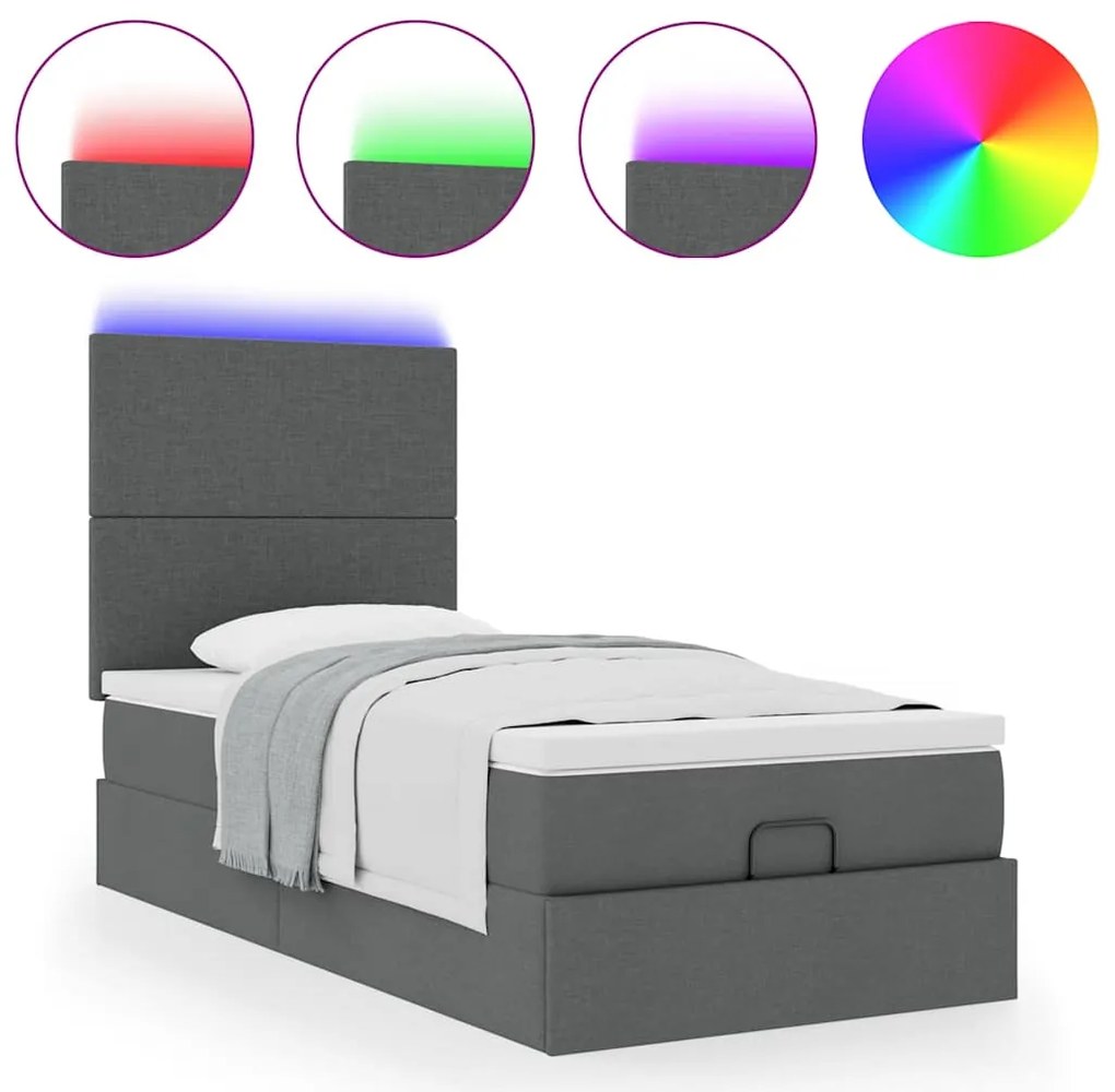 Οθωμανικό κρεβάτι με στρώμα &amp; LEDs Σκούρο γκρι 90x190cm ύφασμα 3313886
