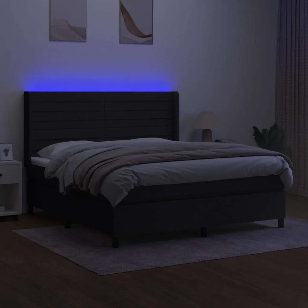 Κρεβάτι Boxspring με Στρώμα &amp; LED Μαύρο 160x200 εκ. Υφασμάτινο - Μαύρο