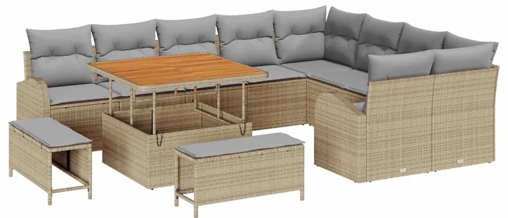 vidaXL Σετ Καναπέ Κήπου με μαξιλάρι 12 pcs Μπεζ Πολυ ράταν