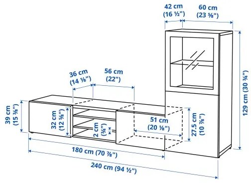 BESTÅ σύνθεση αποθήκευσης TV/γυάλινες πόρτες, 240x42x129 cm 994.217.23