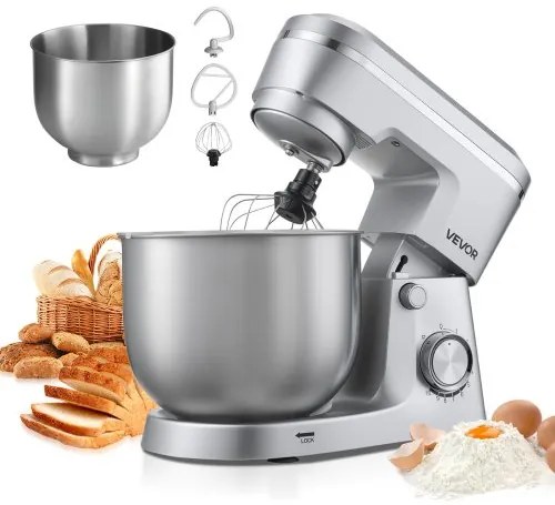 VEVOR Stand Mixer, 4.2 L+5.7 L Electric Kitchen Mixer, 1500W Dough-Mixer, 10 Speeds Tilt-head Food-Mixer with Stainless Steel Bowls, Dough Hook, Whisk, Beater, for Baking, Mixing, Whipping & Kneading