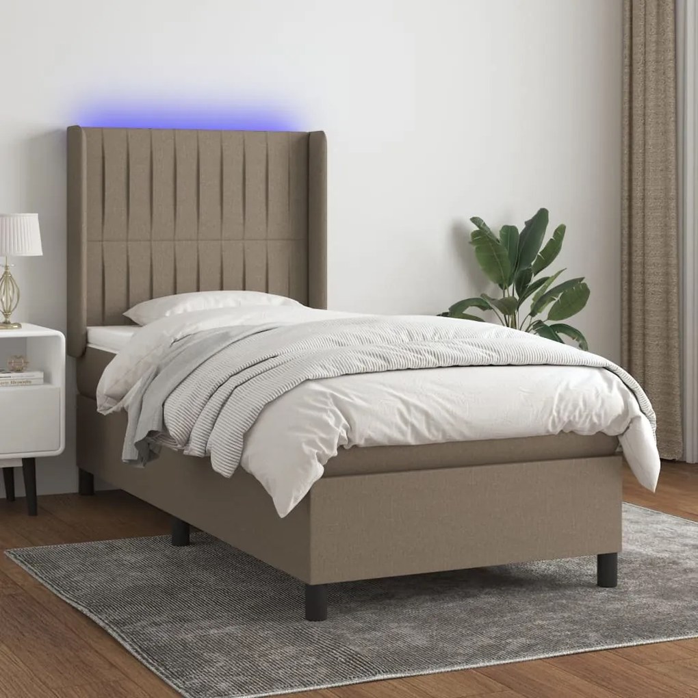 vidaXL Κρεβάτι Boxspring με Στρώμα & LED Taupe 90x200 εκ. Υφασμάτινο