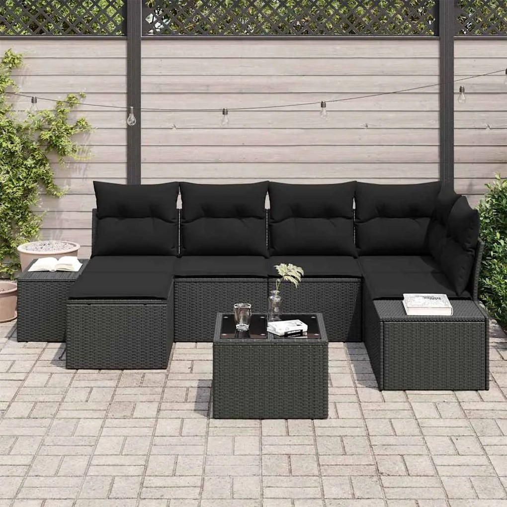 vidaXL Σετ Καναπέ Κήπου με μαξιλάρι 7 pcs Μαύρο Πολυ ράταν