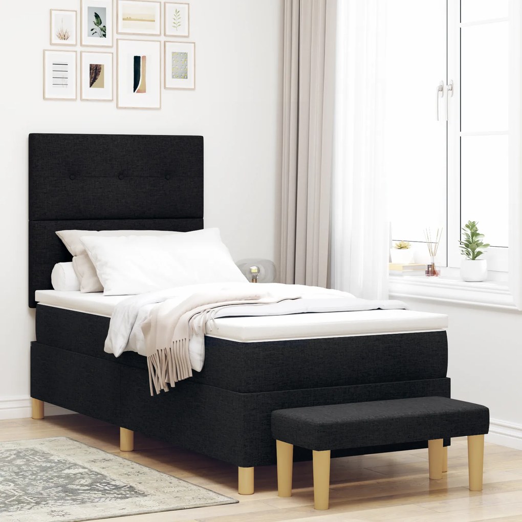 vidaXL Κρεβάτι Box Spring με Στρώμα & Πάγκο Μαύρο 100x200 εκ. Ύφασμα