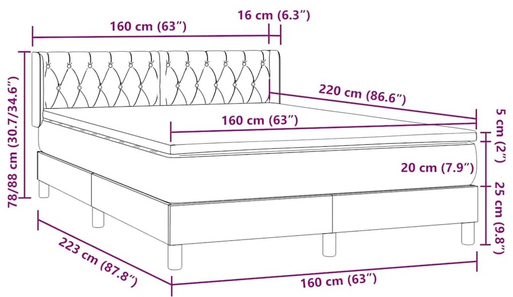 Κρεβάτι Boxspring με Στρώμα Ανοιχτό Γκρι 160x220 εκ. Βελούδινο - Γκρι