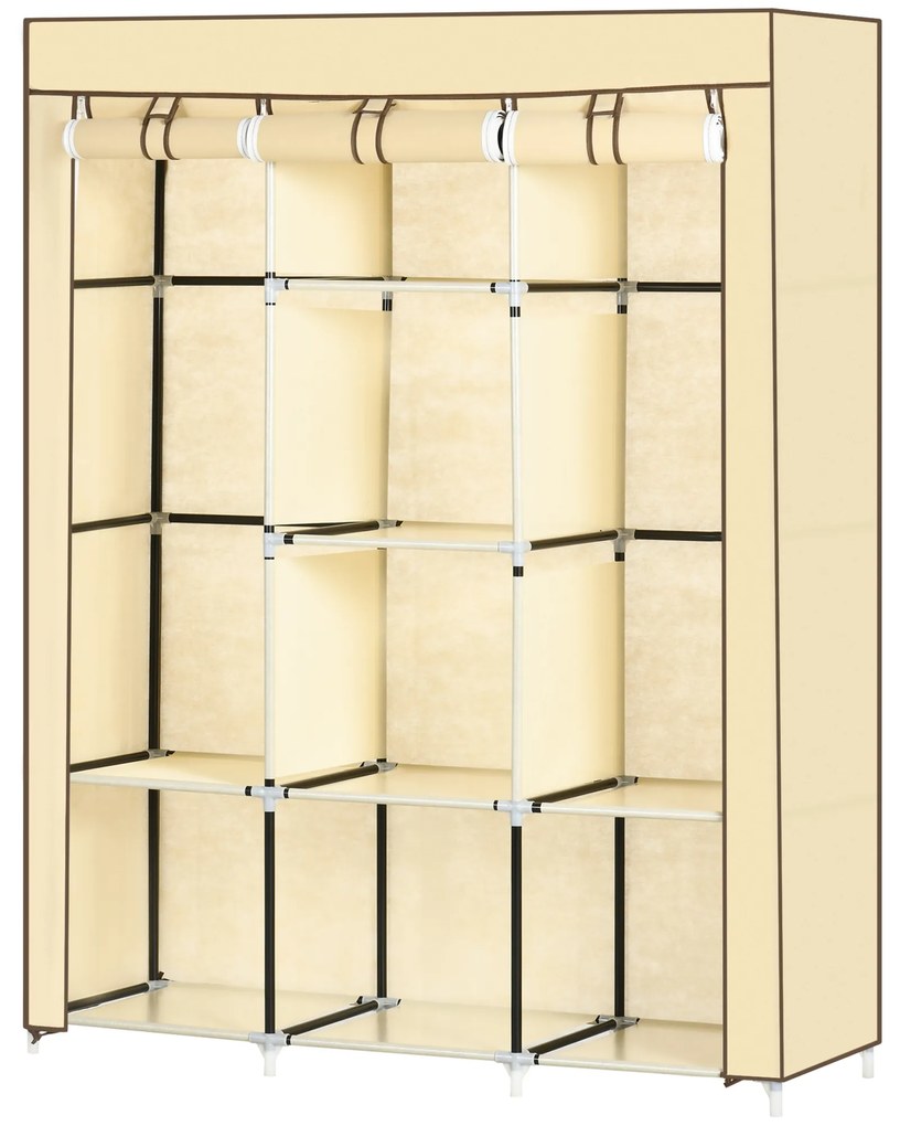 HOMCOM Υφασμάτινη ντουλάπα, λύση αποθήκευσης, 8 ράφια, 2 ράγες ρούχων, Μπεζ