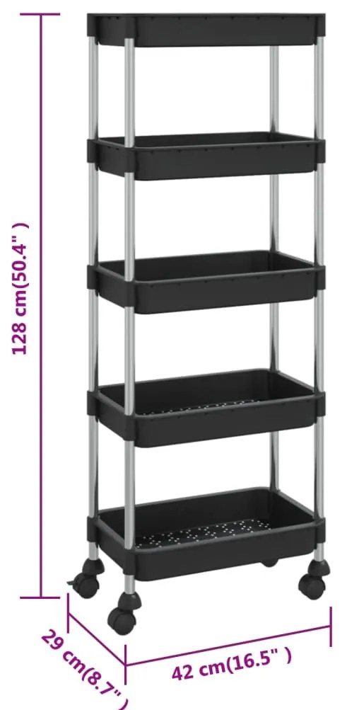 vidaXL Τρόλεϊ Κουζίνας 5 Επιπέδων Μαύρο 42 x 29 x 128 εκ. Σίδερο/ABS