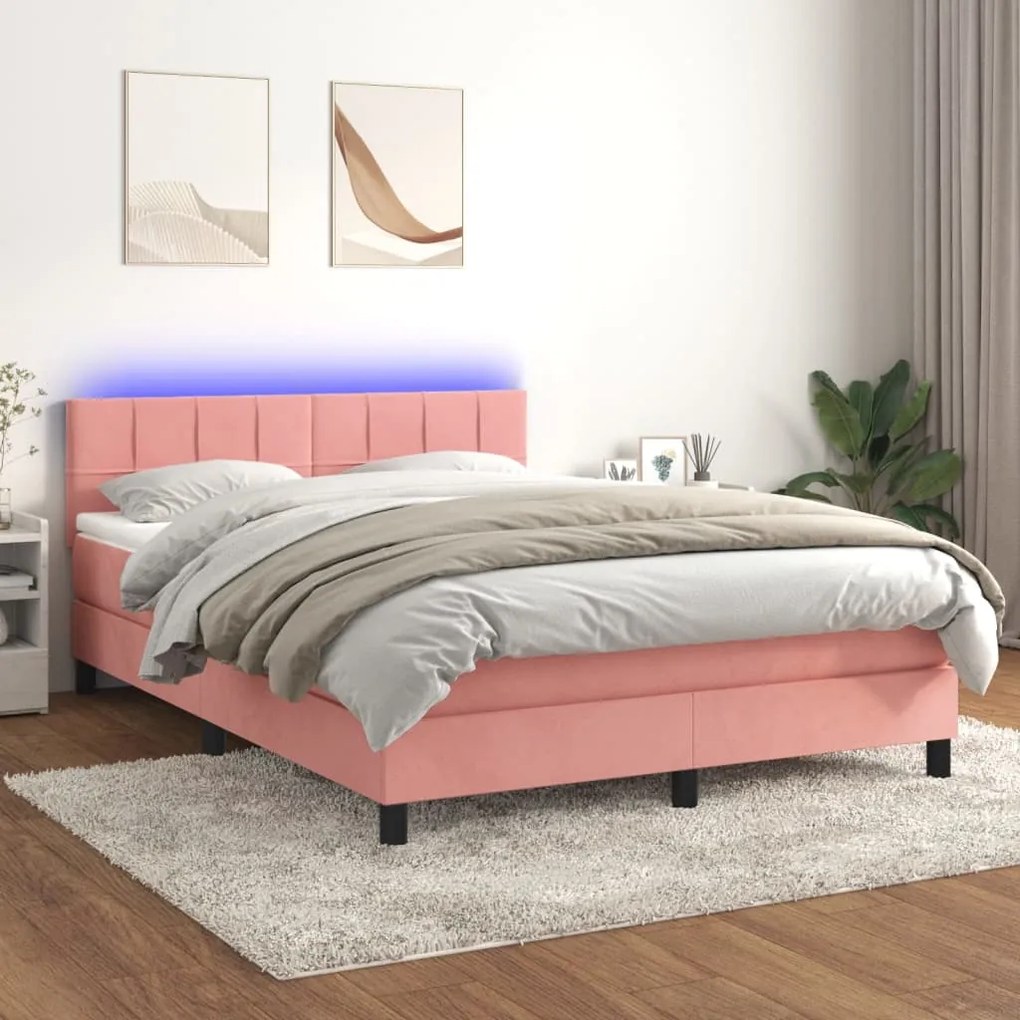 vidaXL Κρεβάτι Boxspring με Στρώμα & LED Ροζ 140x190 εκ. Βελούδινο