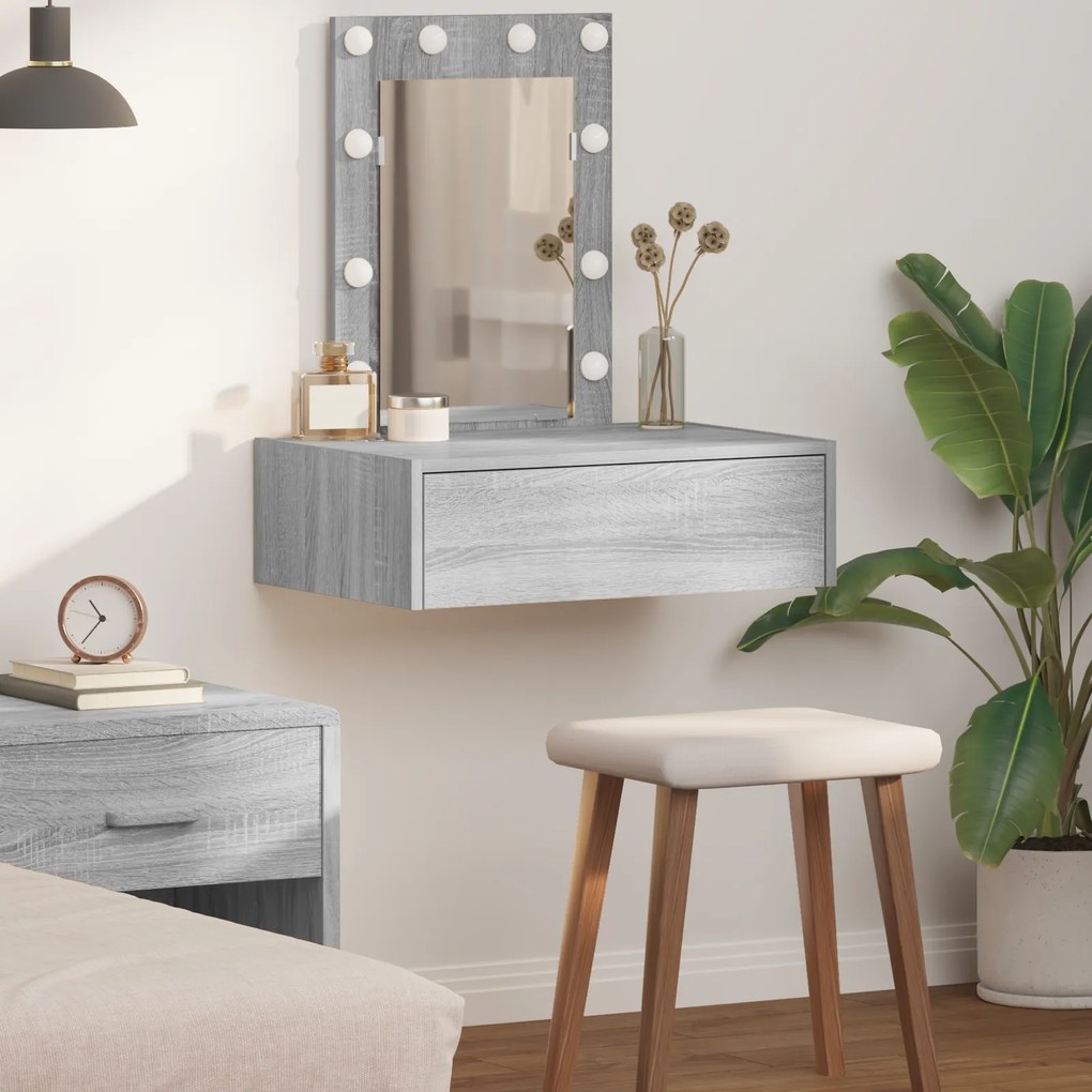 vidaXL Επιτοίχιο Τραπέζι Μακιγιάζ με LED Φώτα Γκρι Σονόμα