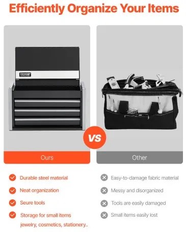 VEVOR Tool Box 8.6-inch Portable Metal Tool Box with 3 Drawers Tool Organizer