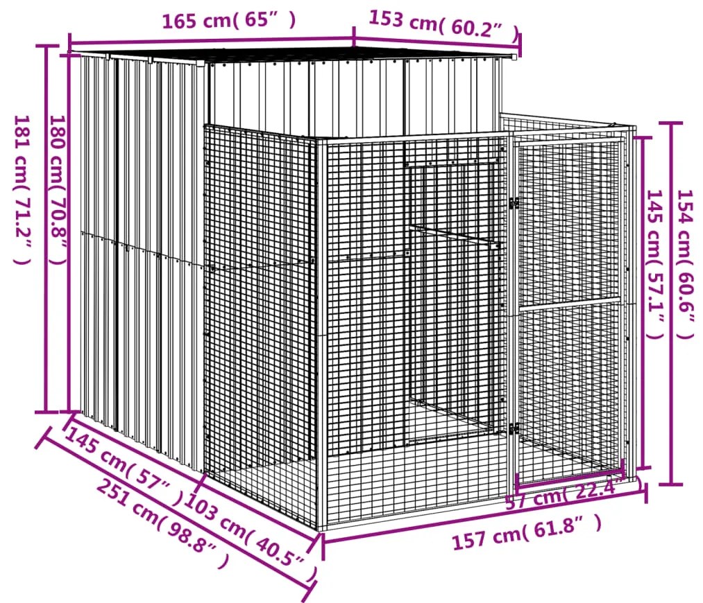 vidaXL Σπιτάκι Σκύλου με Αυλή Αν. Γκρι 165x251x181 εκ Γαλβαν. Χάλυβας
