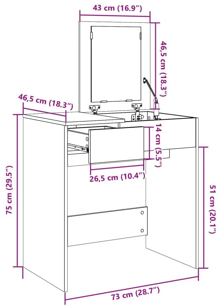 Μπουντουάρ με Καθρέφτη Sonoma Δρυς 73x46,5x120 εκ. - Καφέ