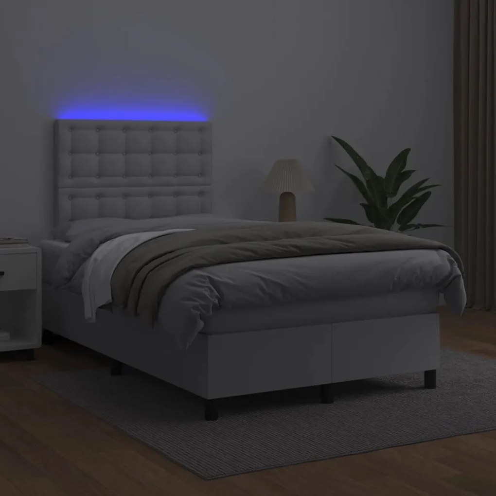 Κρεβάτι Boxspring με Στρώμα &amp; LED Λευκό 120x190 εκ. Συνθ. Δέρμα  - Λευκό