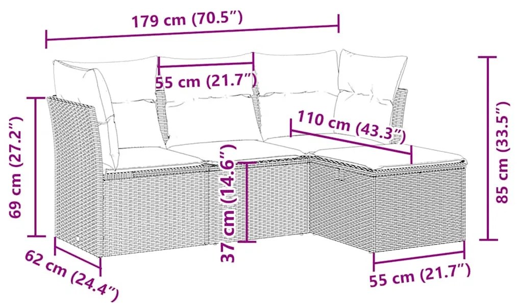 vidaXL Σαλόνι Κήπου Σετ 4 Τεμαχίων Γκρι Συνθετικό Ρατάν με Μαξιλάρια