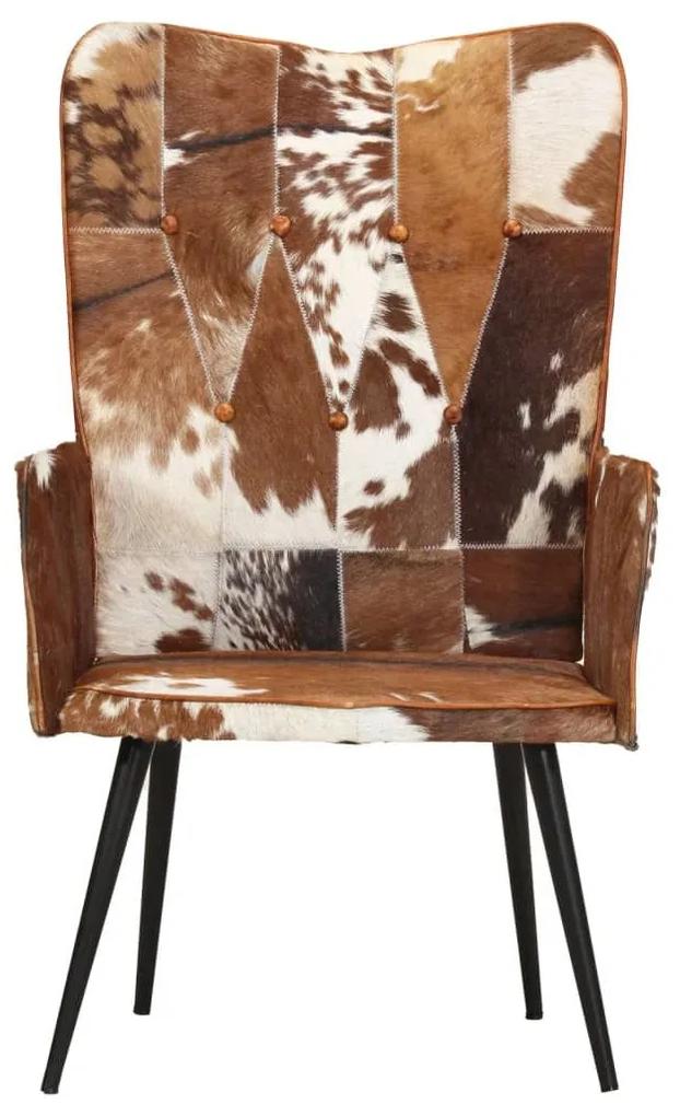 Τριχωτή Καρέκλα με Φτερά Καφέ και Λευκό Γνήσιο Δέρμα - Καφέ