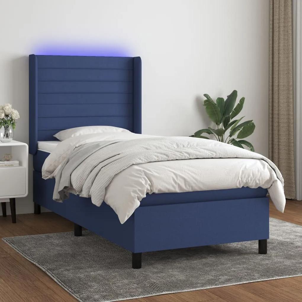 vidaXL Κρεβάτι Boxspring με Στρώμα & LED Μπλε 90x200 εκ. Υφασμάτινο