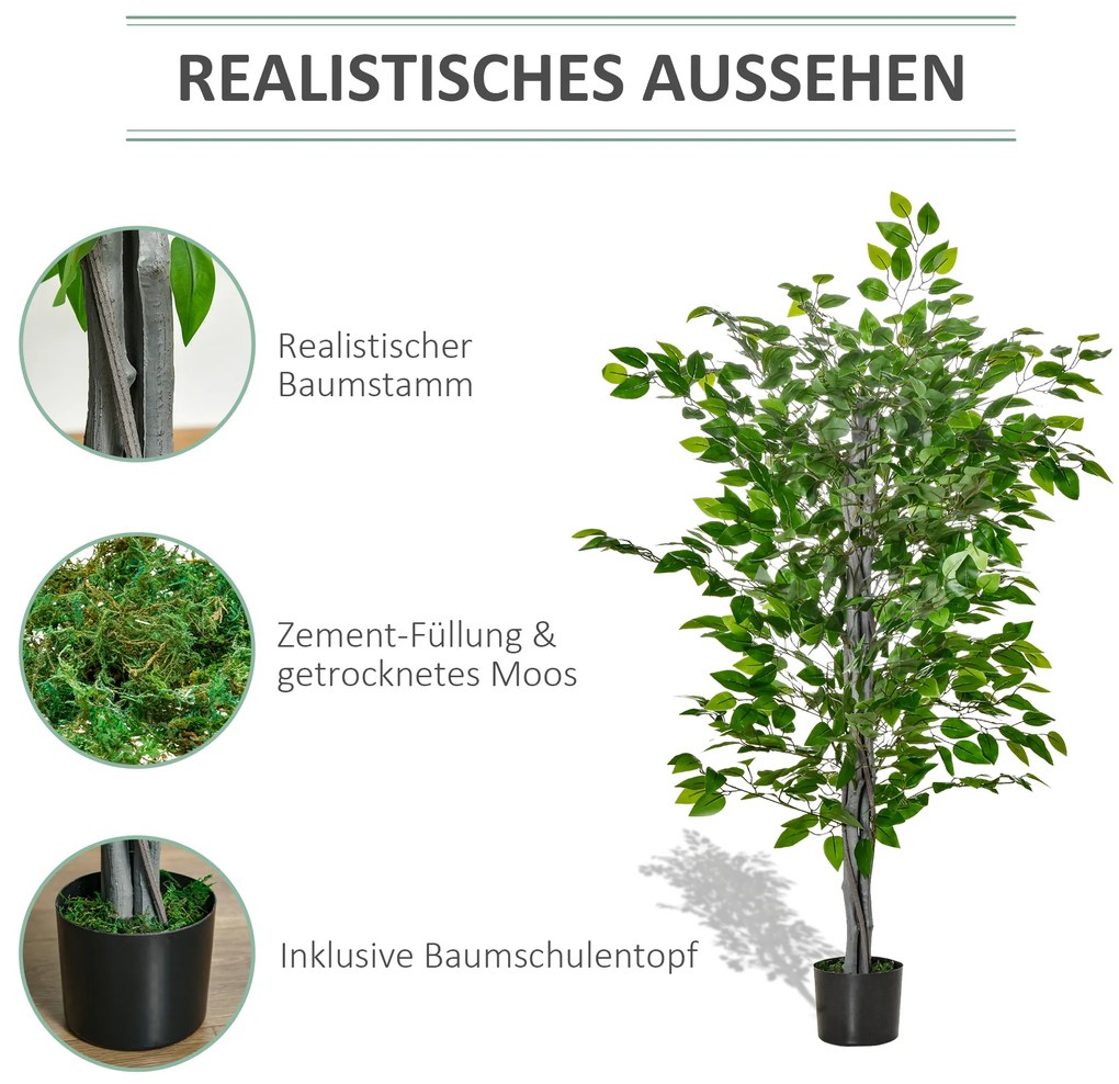 HOMCOM Τεχνητό Δέντρο, Τεχνητό Φυτό Ficus, Ρεαλιστική Εμφάνιση, Τσιμεντένια Γλάστρα, 135 cm, Εύκολη Φροντίδα, Πλαστικό, Πράσινο