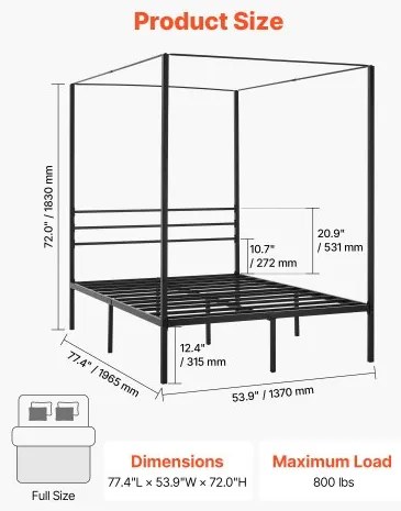 VEVOR Full Size Canopy Bed Frame Metal Canopy Bed with Four Posters Black