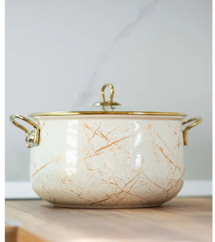 Κατσαρόλα Goldmann GM 8017-26B, 8.5L, 26x16cm, Εμαγιέ, Αντικολλητική επίστρωση, Επαγωγή, Χρυσό/Μάρμαρο