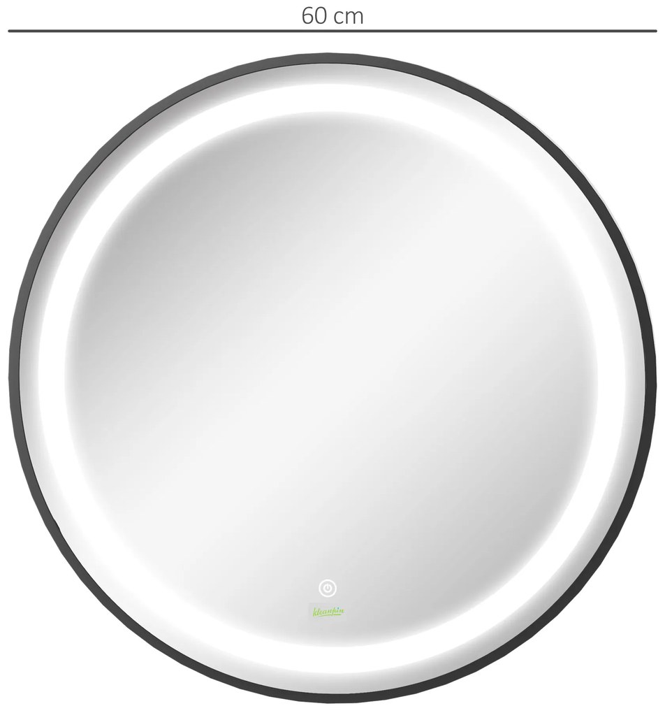 kleankin Καθρέφτης μπάνιου, φωτισμός LED, dimmable, 3 χρώματα φωτός, μεταλλικό πλαίσιο, Ø60 cm, Μαύρο