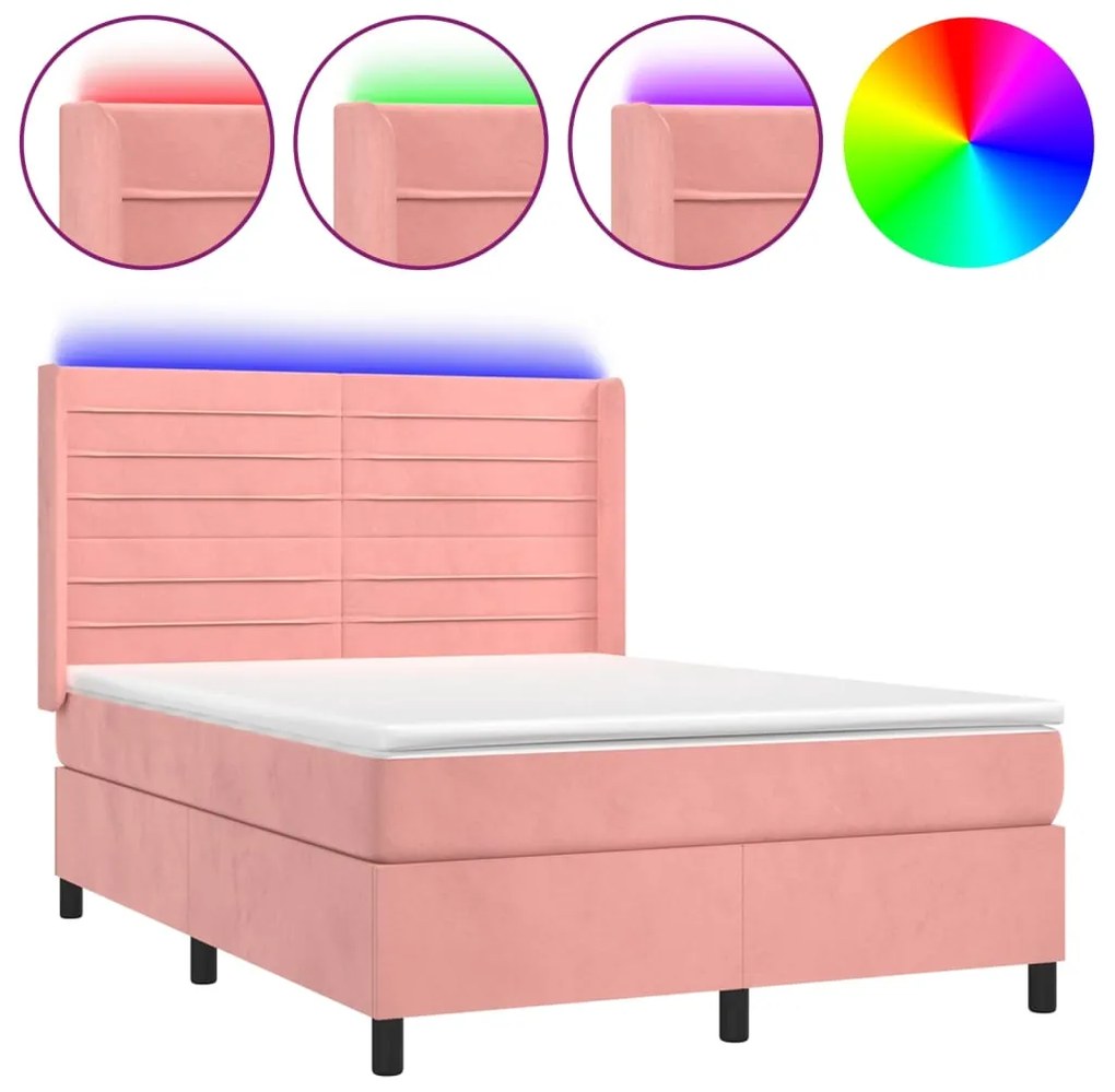 vidaXL Κρεβάτι Boxspring με Στρώμα & LED Ροζ 140x200 εκ. Βελούδινο