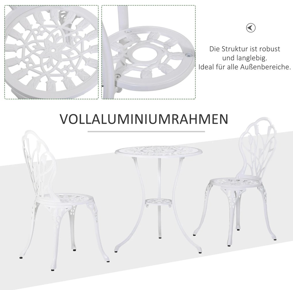 Outsunny Σετ επίπλων για 2 άτομα, σετ τραπεζαρίας κήπου, 1 τραπέζι + 2 καρέκλες με οπή ομπρέλας, αλουμίνιο, λευκό