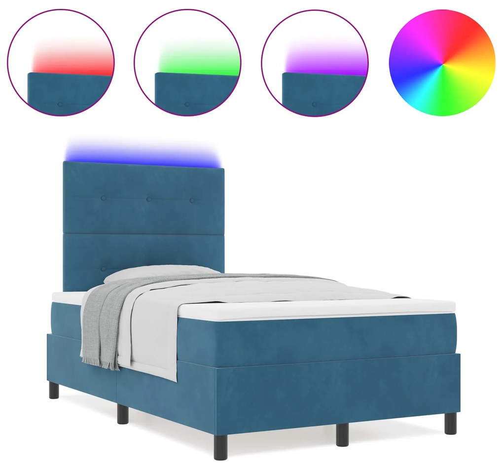 vidaXL Box Spring Bed με Στρώμα & LED Σκοτεινό Μπλε 120x200 εκ. Βελούδο