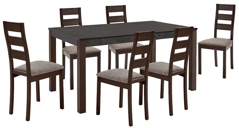 SIENNA Set (1 6) Τραπεζαρίας - Κουζίνας, Σκούρο Καρυδί, Melamine Greystone,Ύφασμα Μπεζ  Table:150x90x74 Chair:45x52x97 [-Καρυδί-, -Μπεζ-Tortora-Sand-Cappuccino-] [-Ξύλο-, -Ύφασμα-] Ε788,1S
