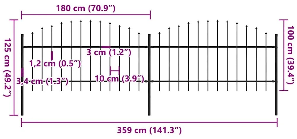 vidaXL Κάγκελα Περίφραξης με Λόγχες Μαύρα (1-1,25) x 3,4 μ. Ατσάλινα