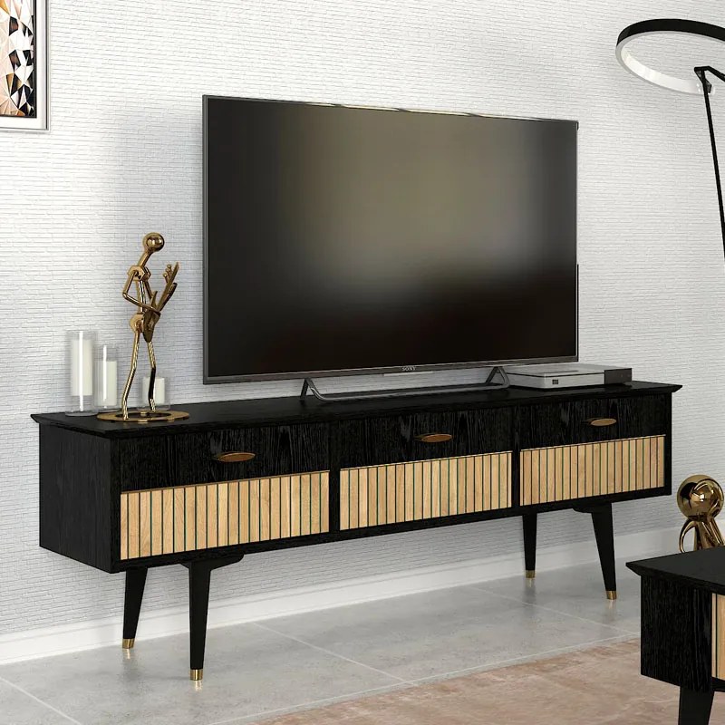 0241026 Έπιπλο τηλεόρασης Bolea Megapap χρώμα modern black 150x35x49,7 εκ. Μοριοσανίδα με επένδυση μελαμίνης, 1 Τεμάχιο