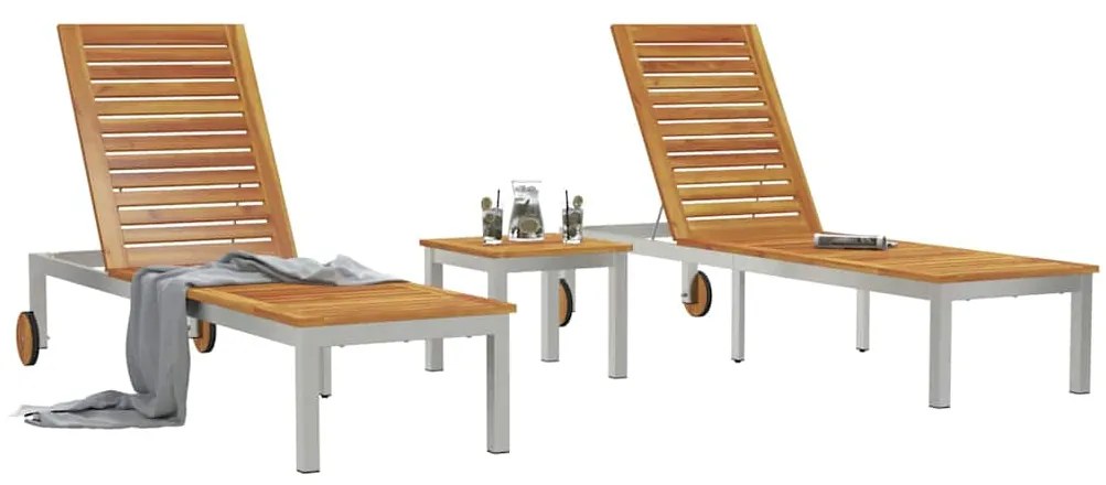 vidaXL Ξαπλώστρες 2 τεμάχια με τραπέζι 3 pcs Καφέ Στερεό ξύλο ακακίας