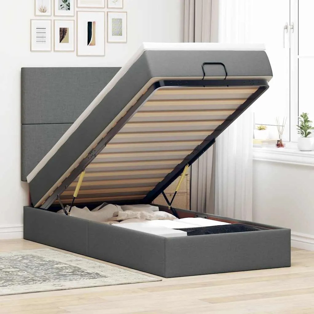 vidaXL Οθωμανικό κρεβάτι με στρώμα &amp; LEDs Σκούρο γκρι 80x200cm ύφασμα